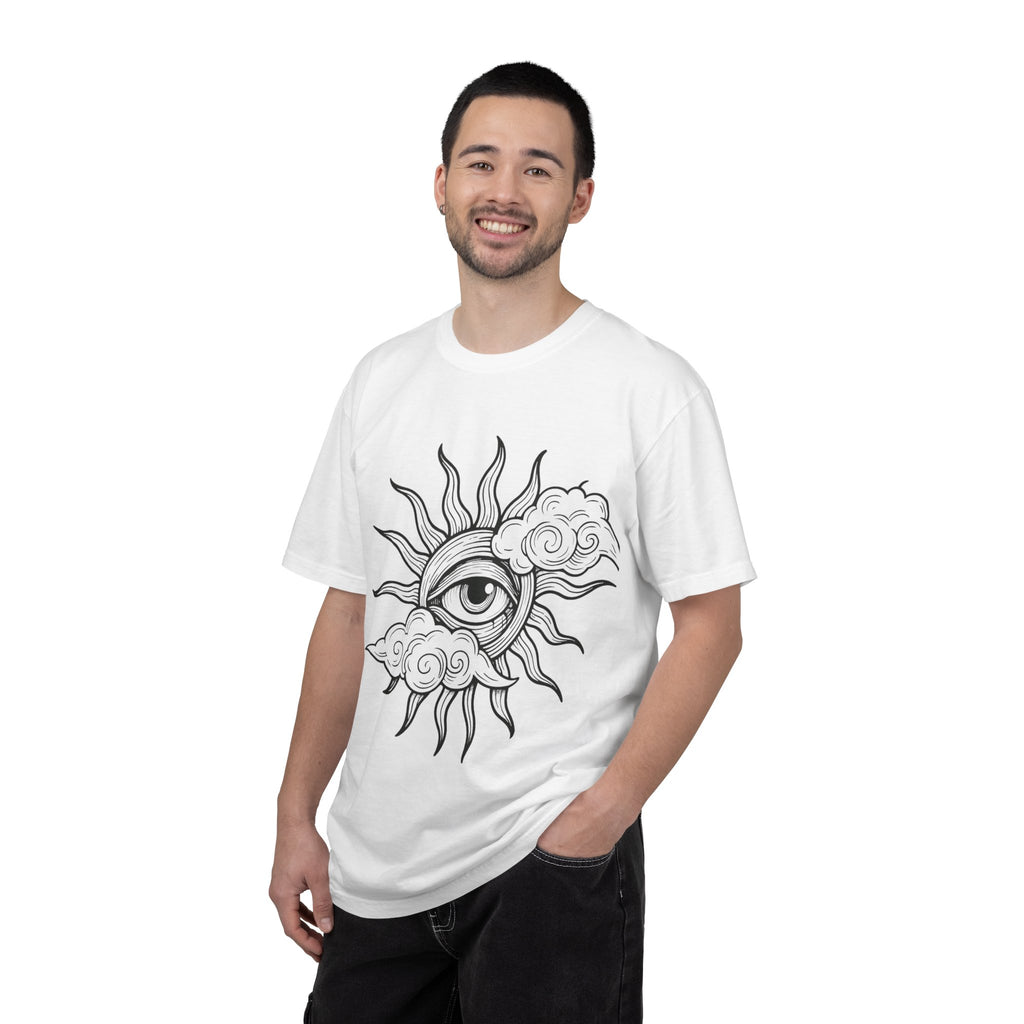 All-Seeing Sun Eye T-Shirt | Celestial Sun and Cloud Illustration