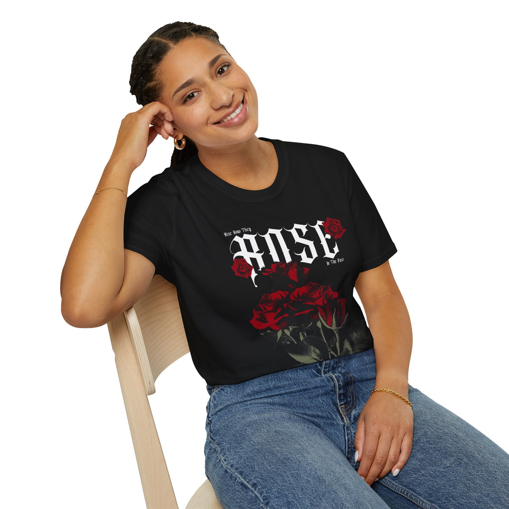 Rose Typography T-Shirt | Gothic Red Roses, Floral Script