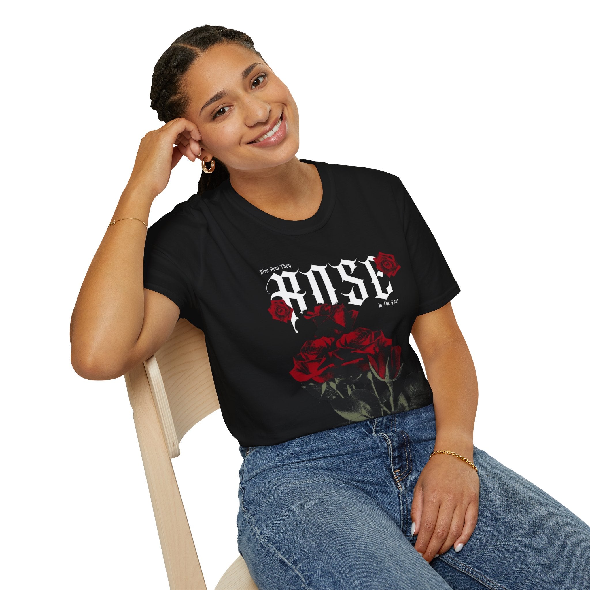 Rose Typography T-Shirt | Gothic Red Roses, Floral Script