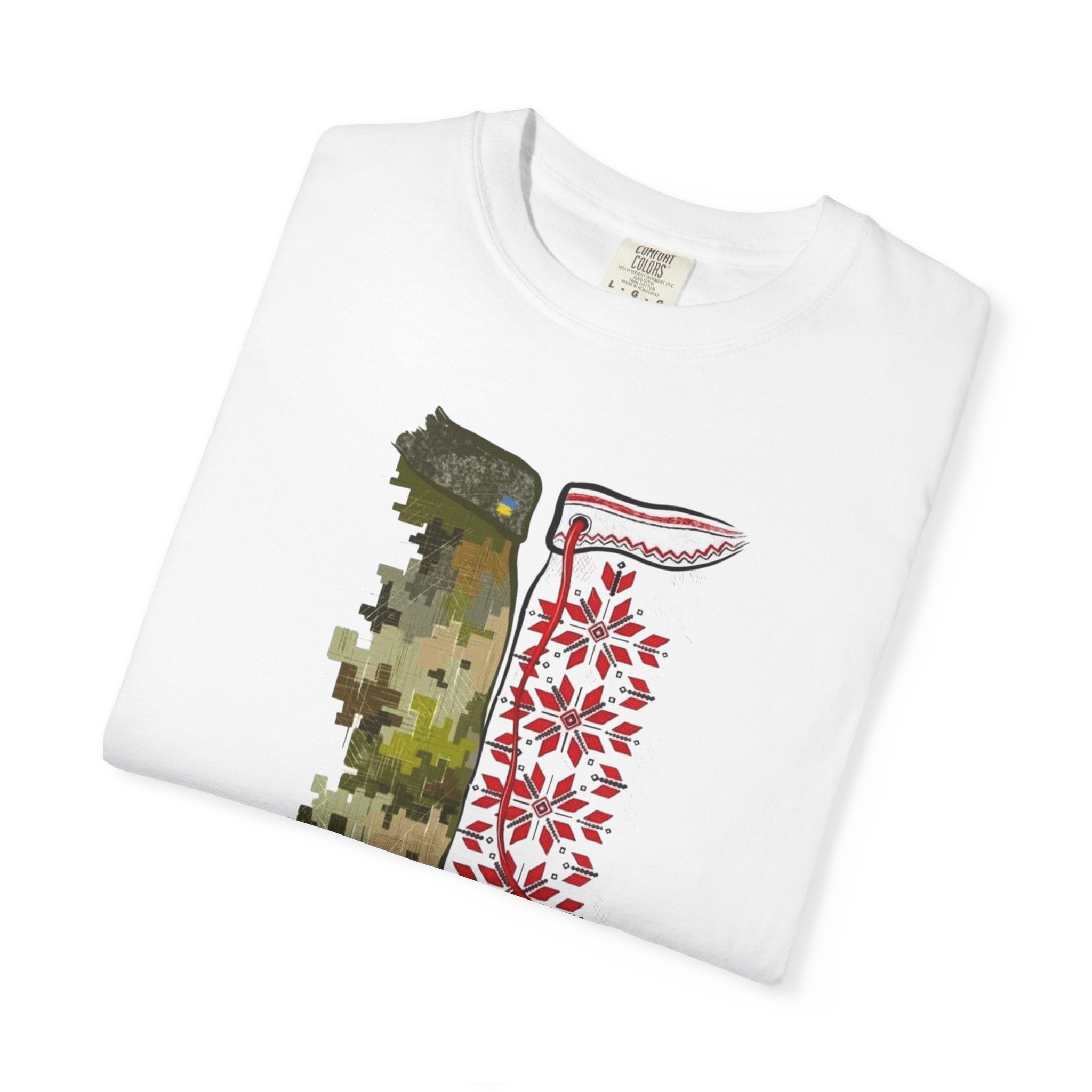 T-Shirt — Split Camo & Floral Pattern Graphic (Red Tassel)