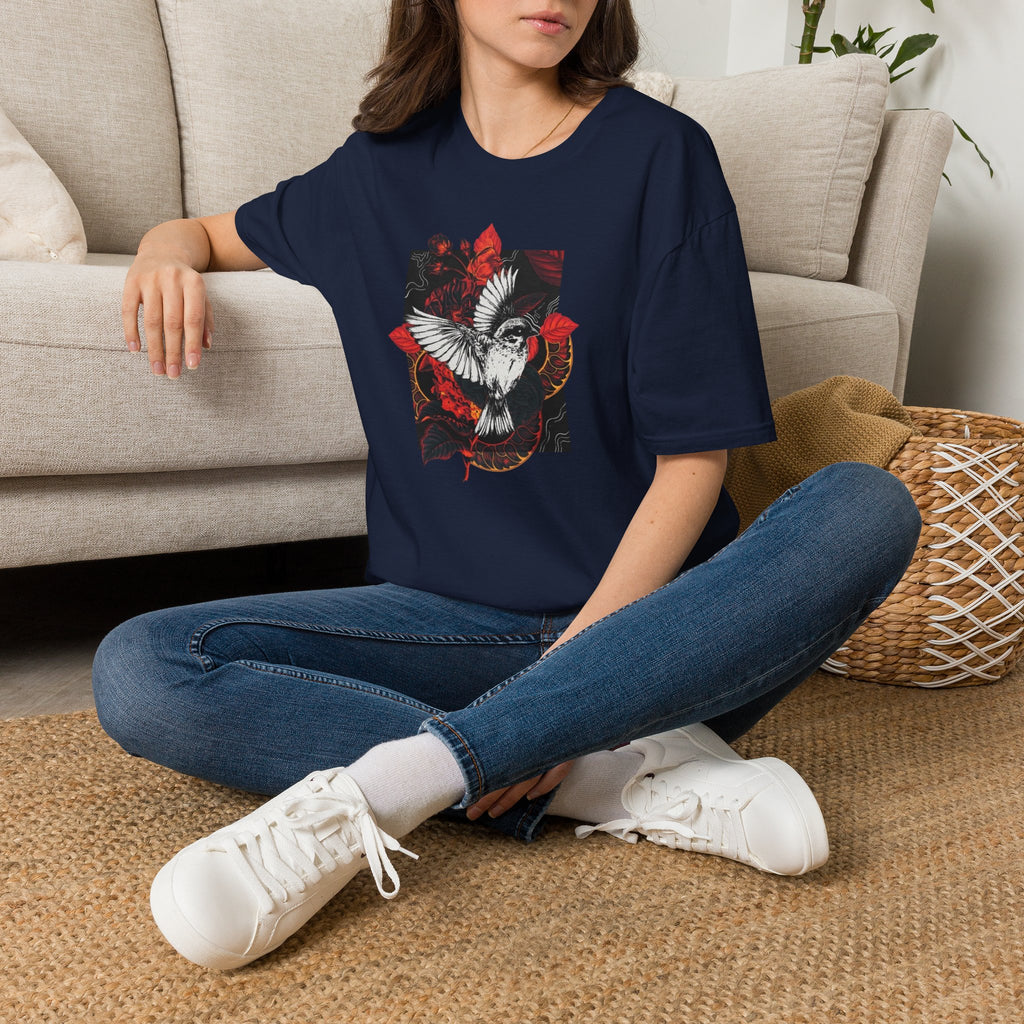 Dove & Roses Graphic T-Shirt — White Dove with Red Floral Crest