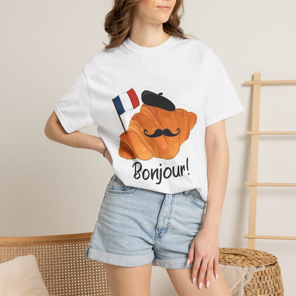 Bonjour croissant with beret and French flag T-shirt | French pastry design