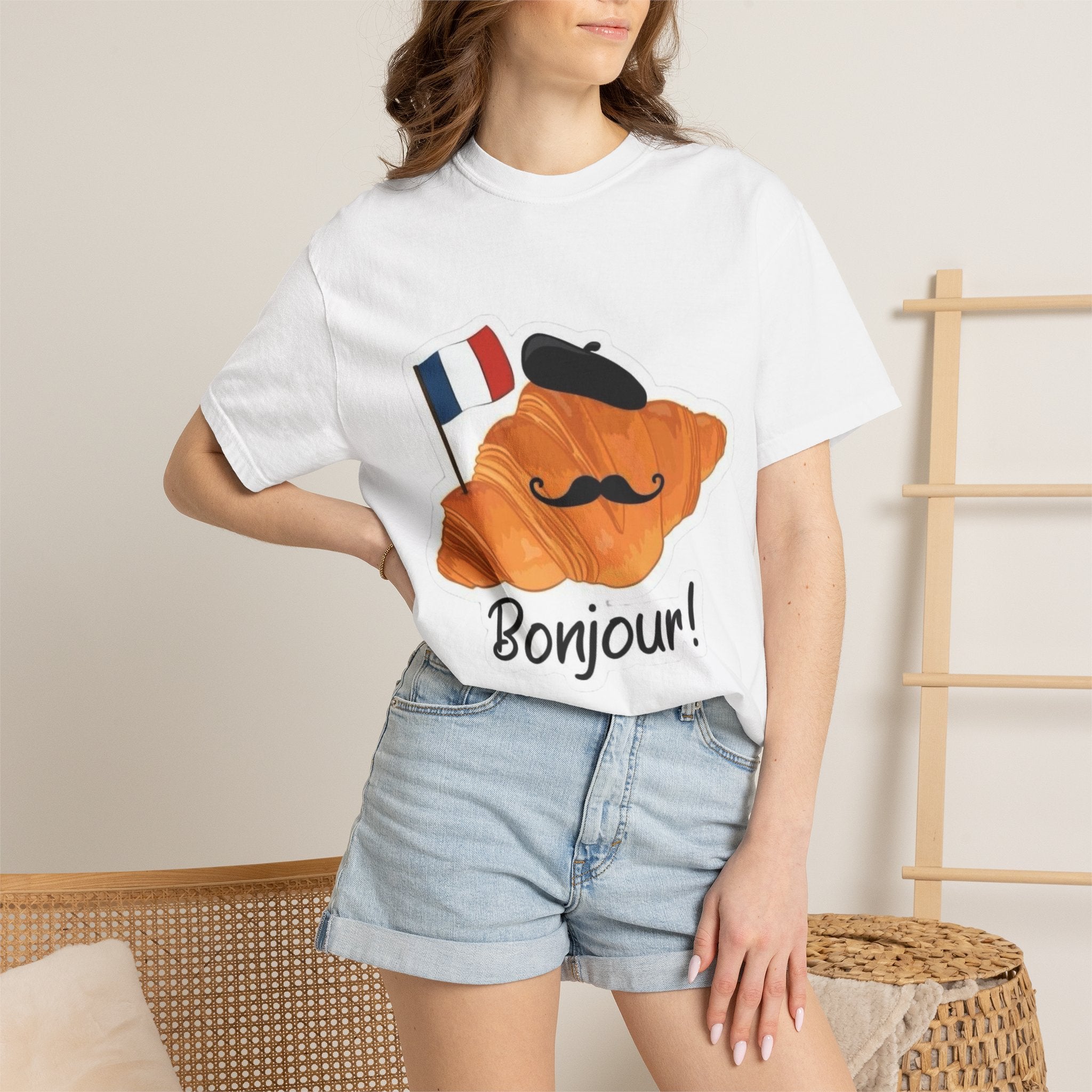 Bonjour croissant with beret and French flag T-shirt | French pastry design