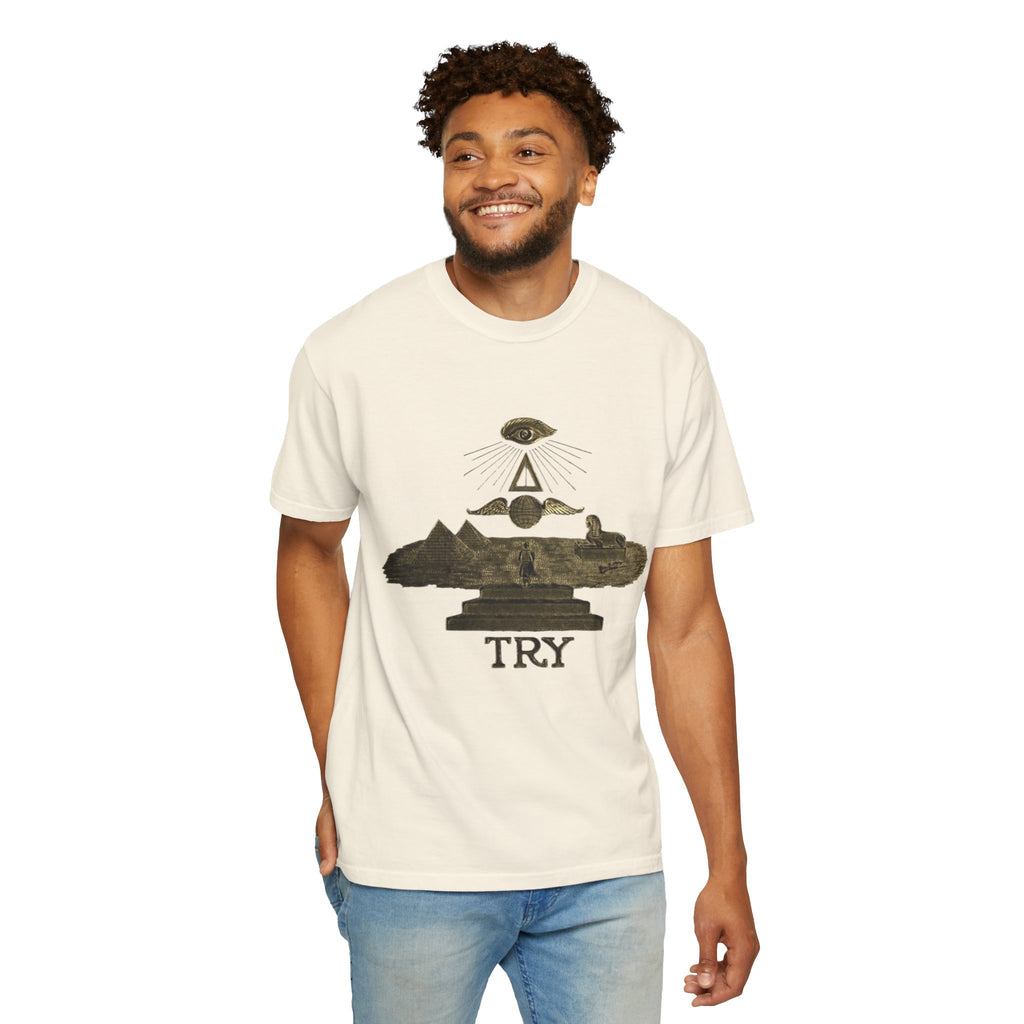 TRY Motivational T-Shirt — Vintage Eye & Triangle Graphic Tee