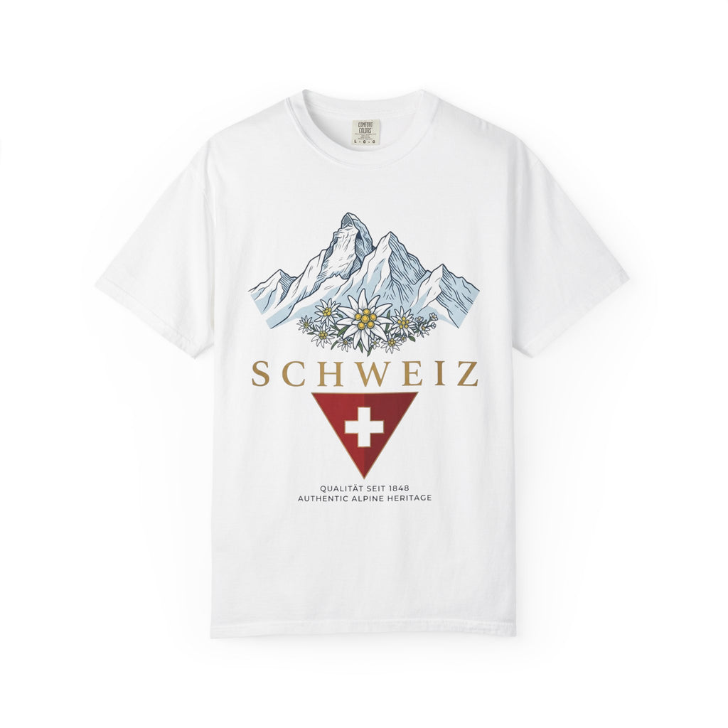 Schweiz Alpine Mountain T-Shirt — Swiss Flag & Edelweiss Graphic