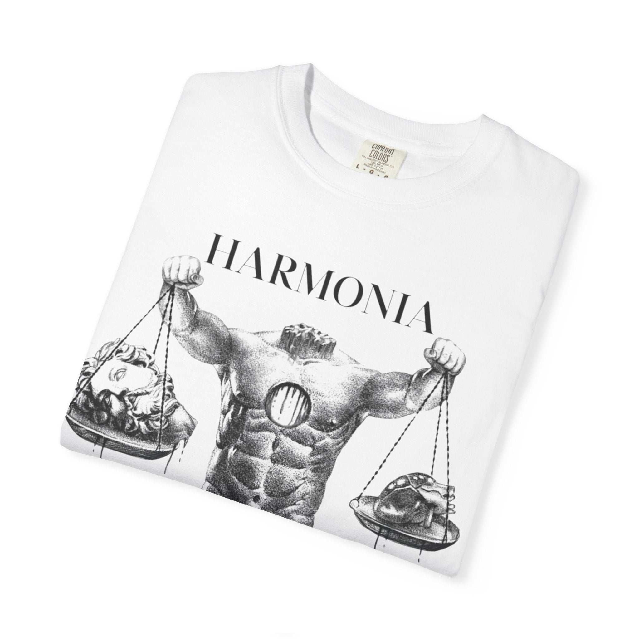 Harmony Scales T-Shirt — Muscular Scales Graphic Tee with ‘HARMONIA’ Text