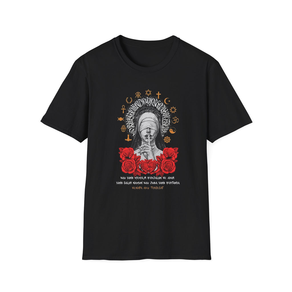 Spiritual Symbols Graphic T-Shirt — Blindfolded Figure with Rose & Faith Icons