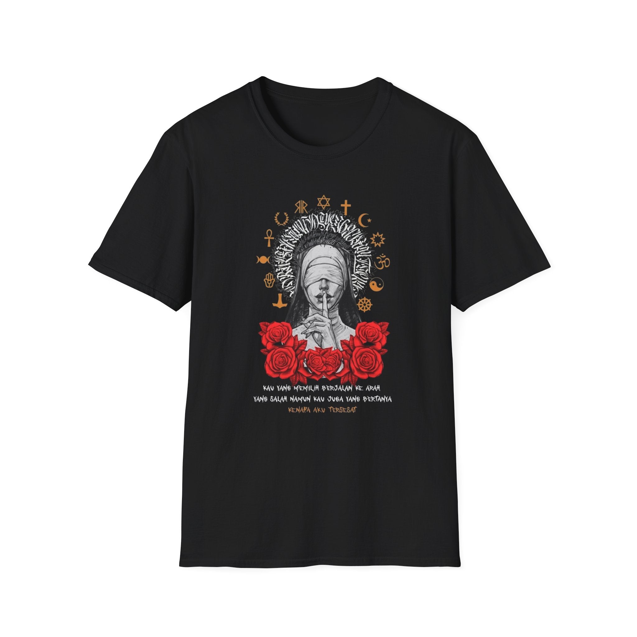 Spiritual Symbols Graphic T-Shirt — Blindfolded Figure with Rose & Faith Icons