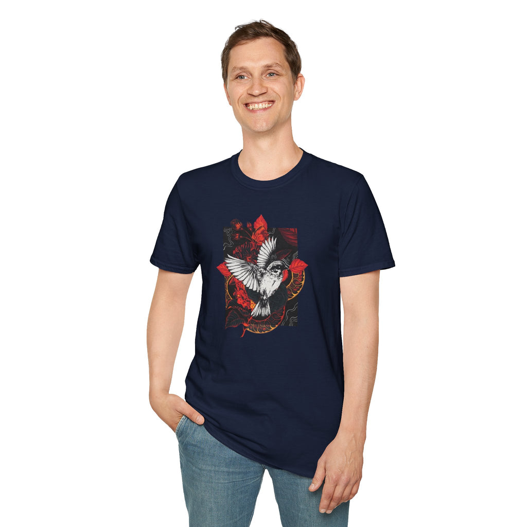 Dove & Roses Graphic T-Shirt — White Dove with Red Floral Crest