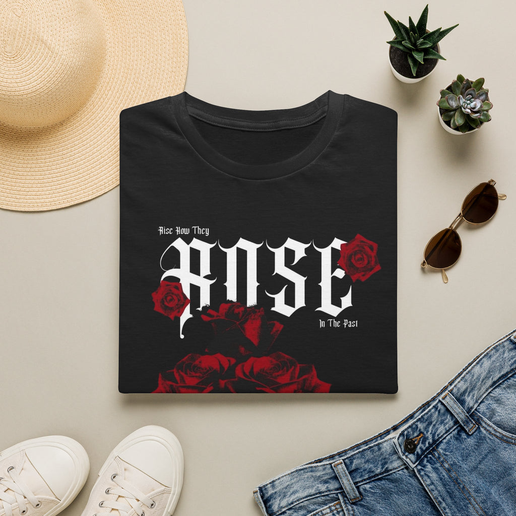 Rose Typography T-Shirt | Gothic Red Roses, Floral Script