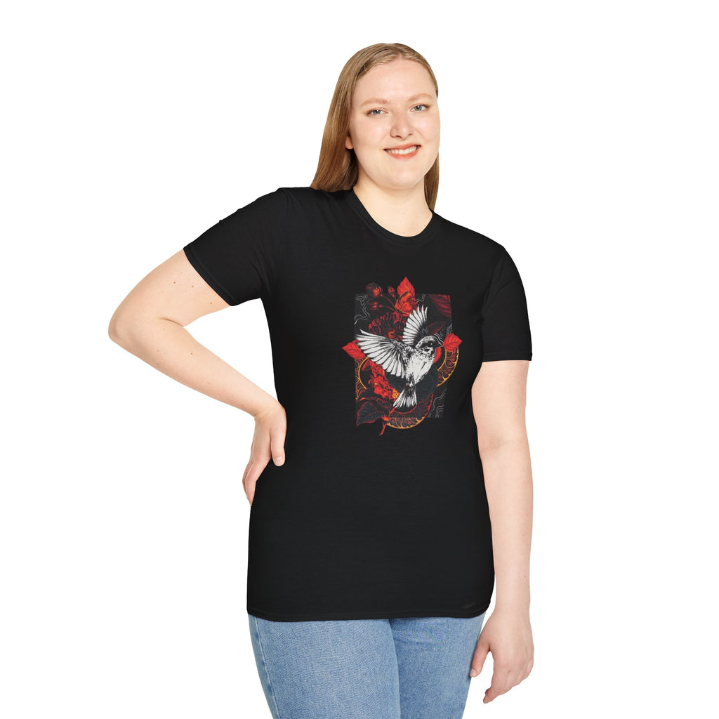 Dove & Roses Graphic T-Shirt — White Dove with Red Floral Crest