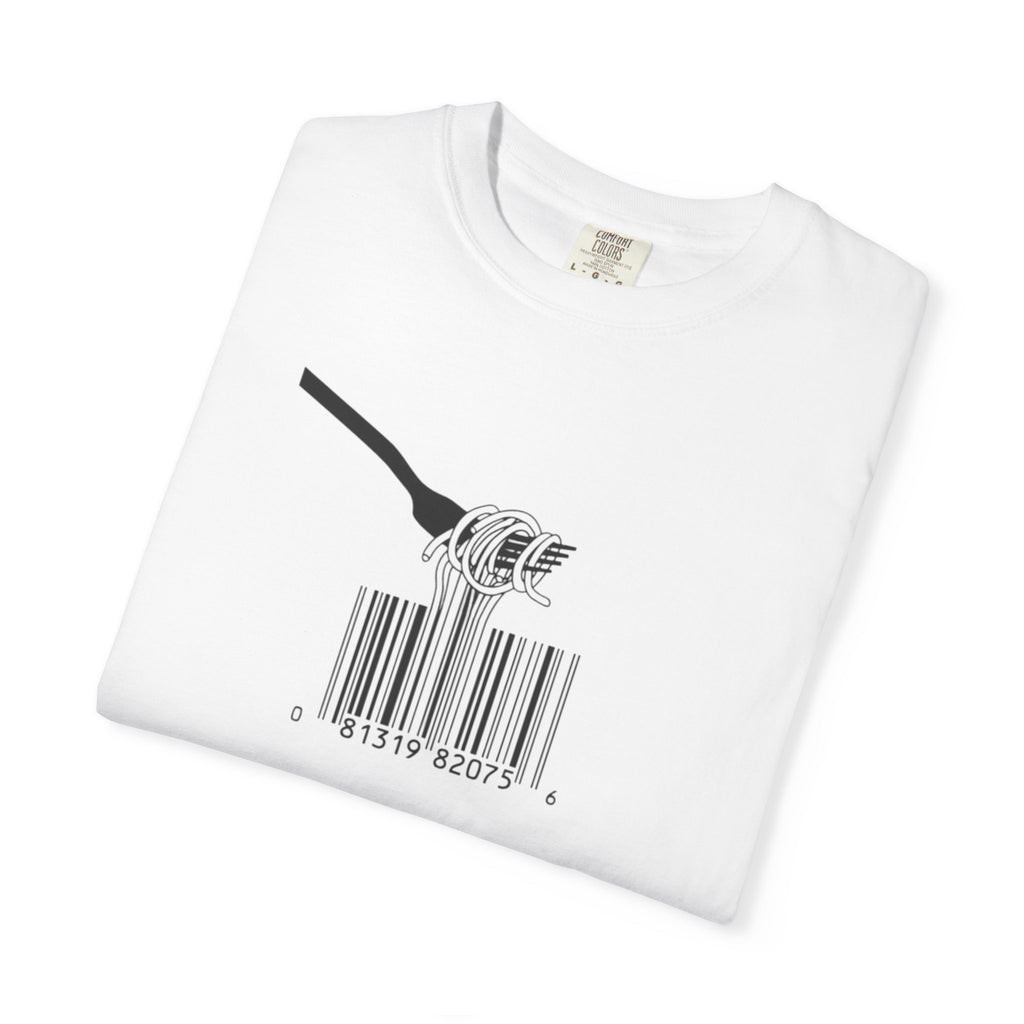 Barcode Spaghetti T‑Shirt — Fork Eating Barcode Graphic Tee