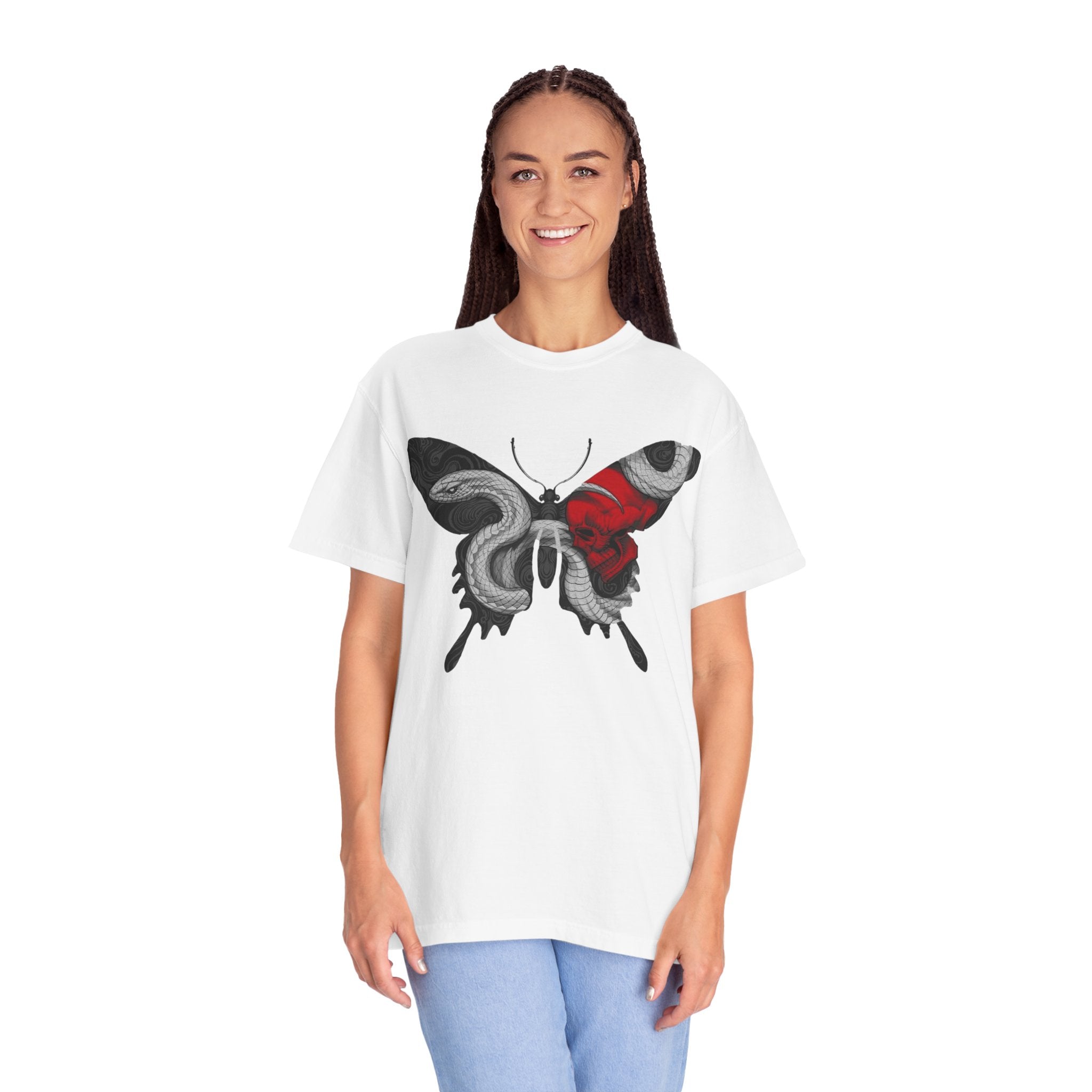 Mystic Moth Tee — Red Kabuki Mask Butterfly Graphic T-Shirt