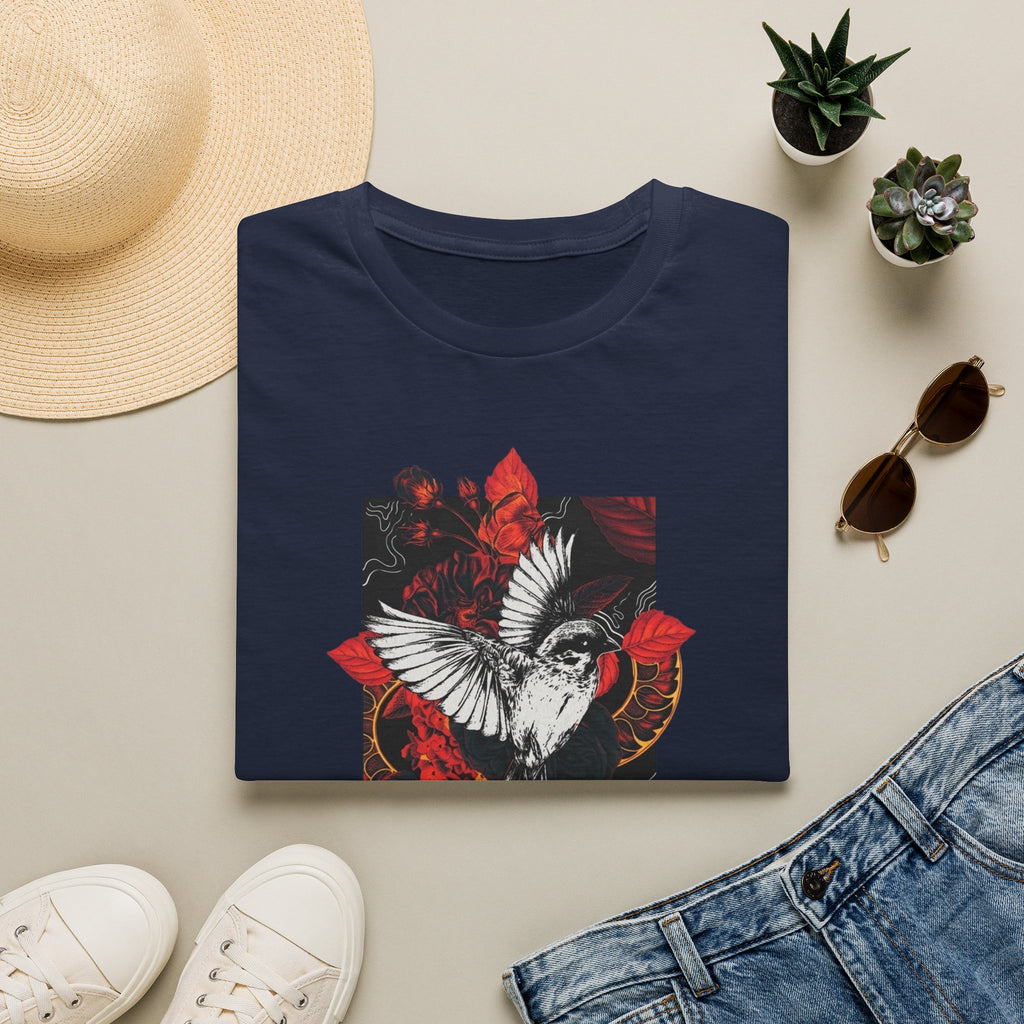 Dove & Roses Graphic T-Shirt — White Dove with Red Floral Crest