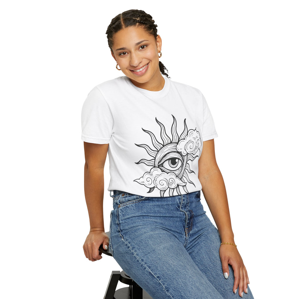 All-Seeing Sun Eye T-Shirt | Celestial Sun and Cloud Illustration
