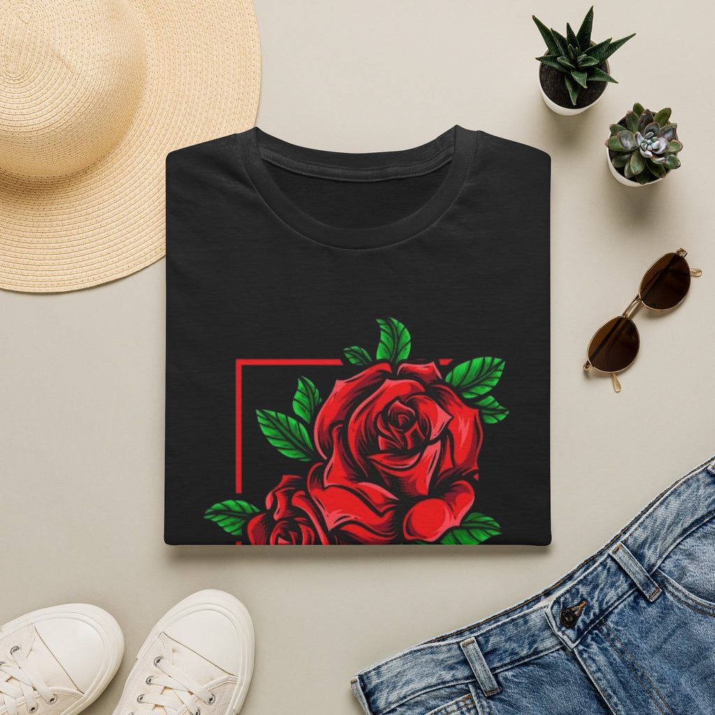 Red Rose Frame T-Shirt — Floral Graphic Tee for Women & Men
