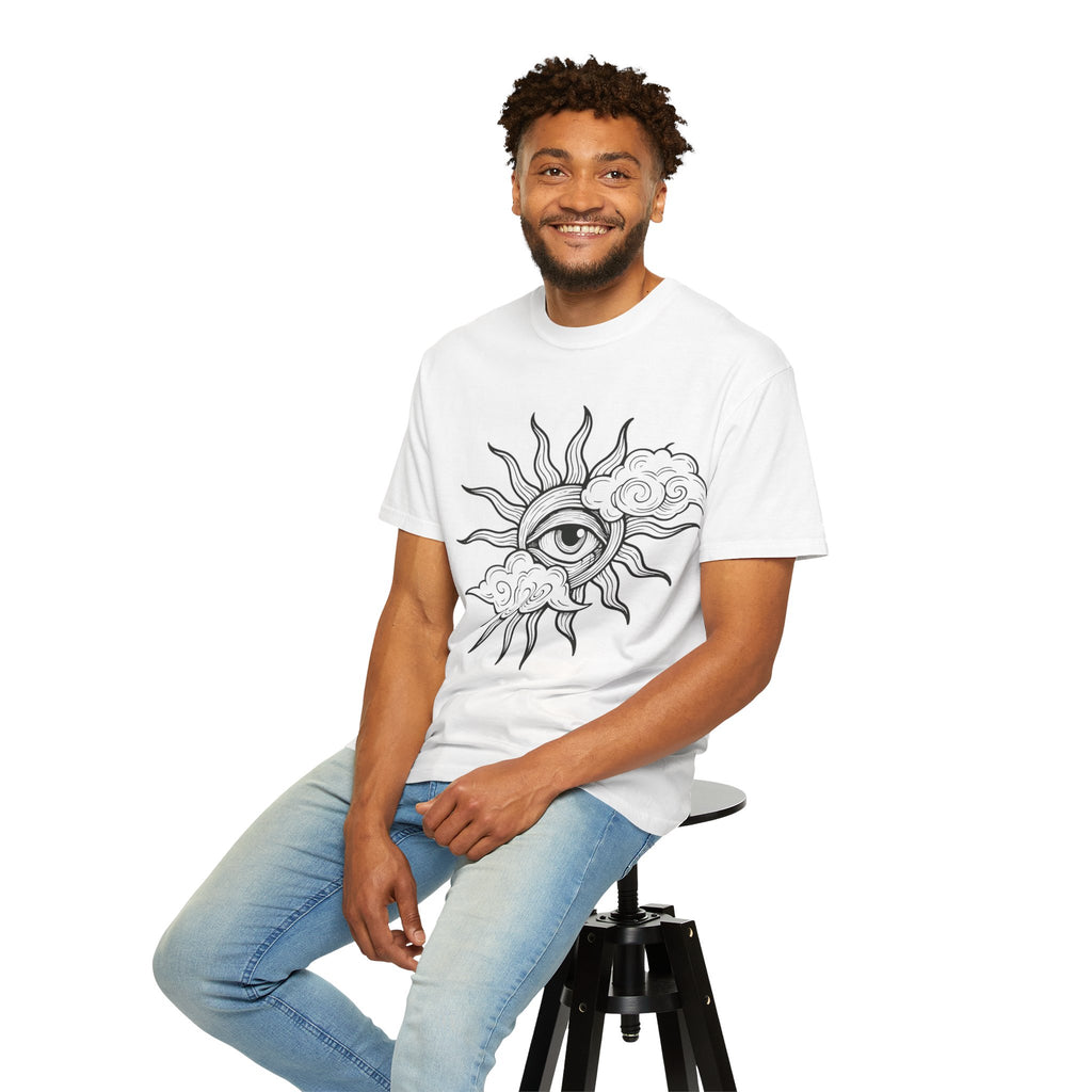 All-Seeing Sun Eye T-Shirt | Celestial Sun and Cloud Illustration