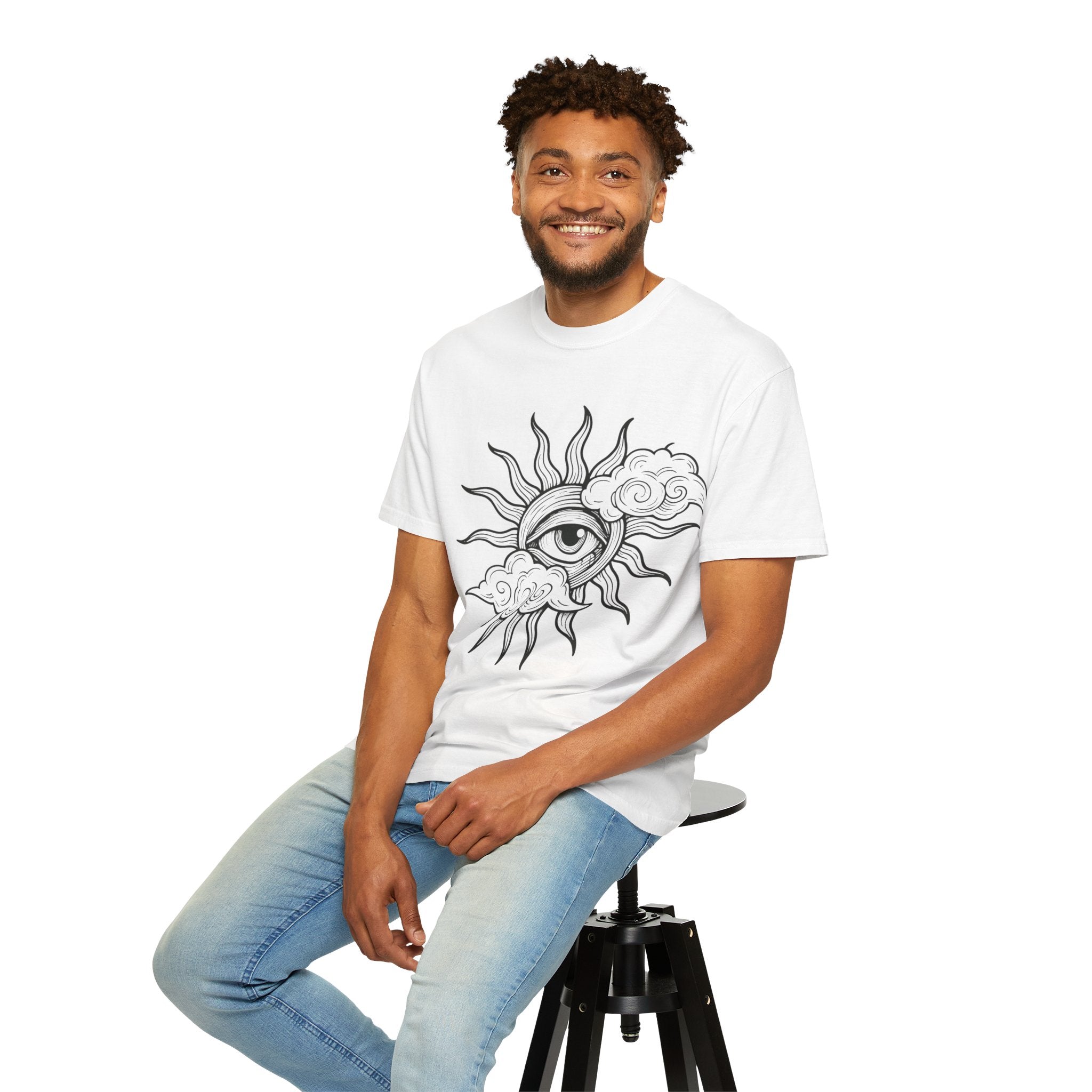 All-Seeing Sun Eye T-Shirt | Celestial Sun and Cloud Illustration