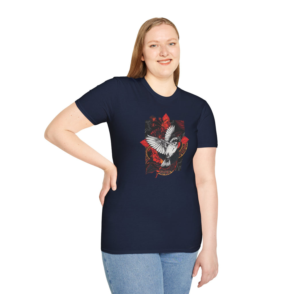 Dove & Roses Graphic T-Shirt — White Dove with Red Floral Crest