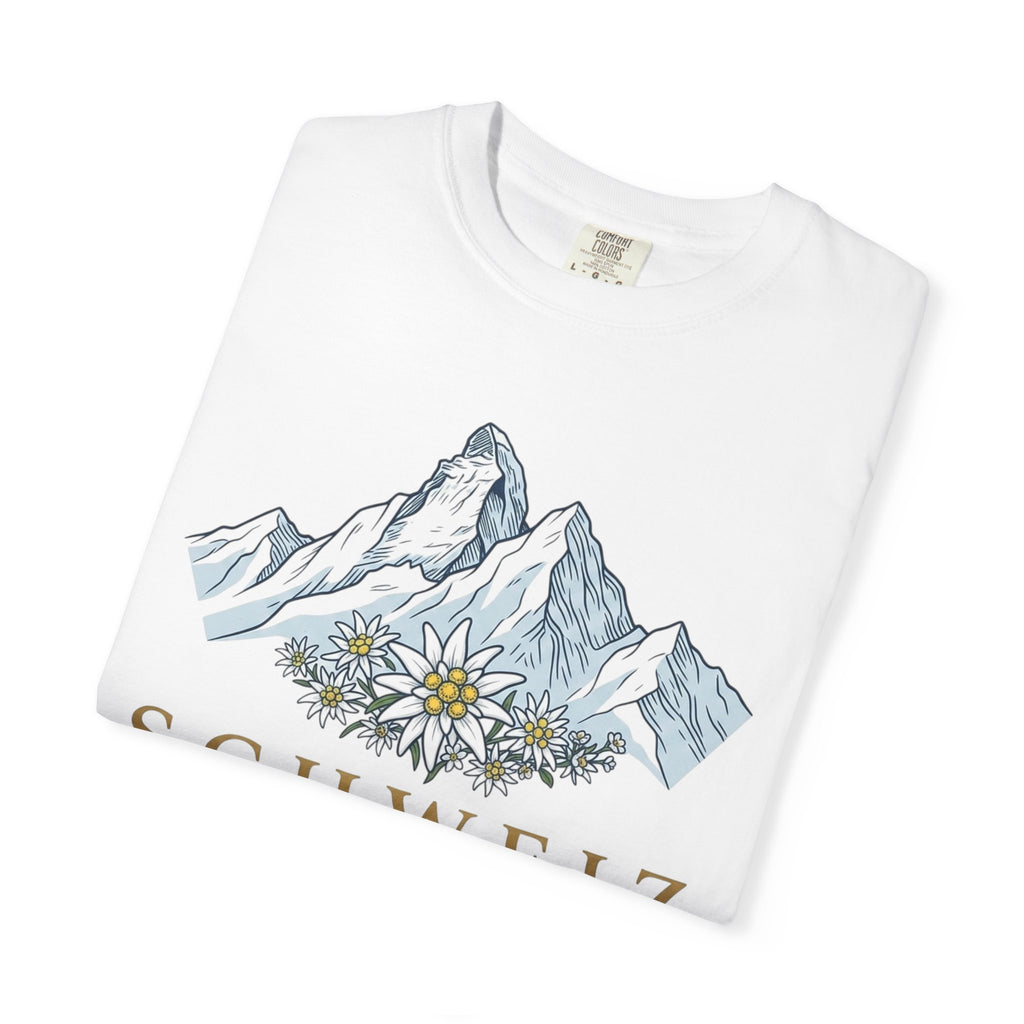 Schweiz Alpine Mountain T-Shirt — Swiss Flag & Edelweiss Graphic