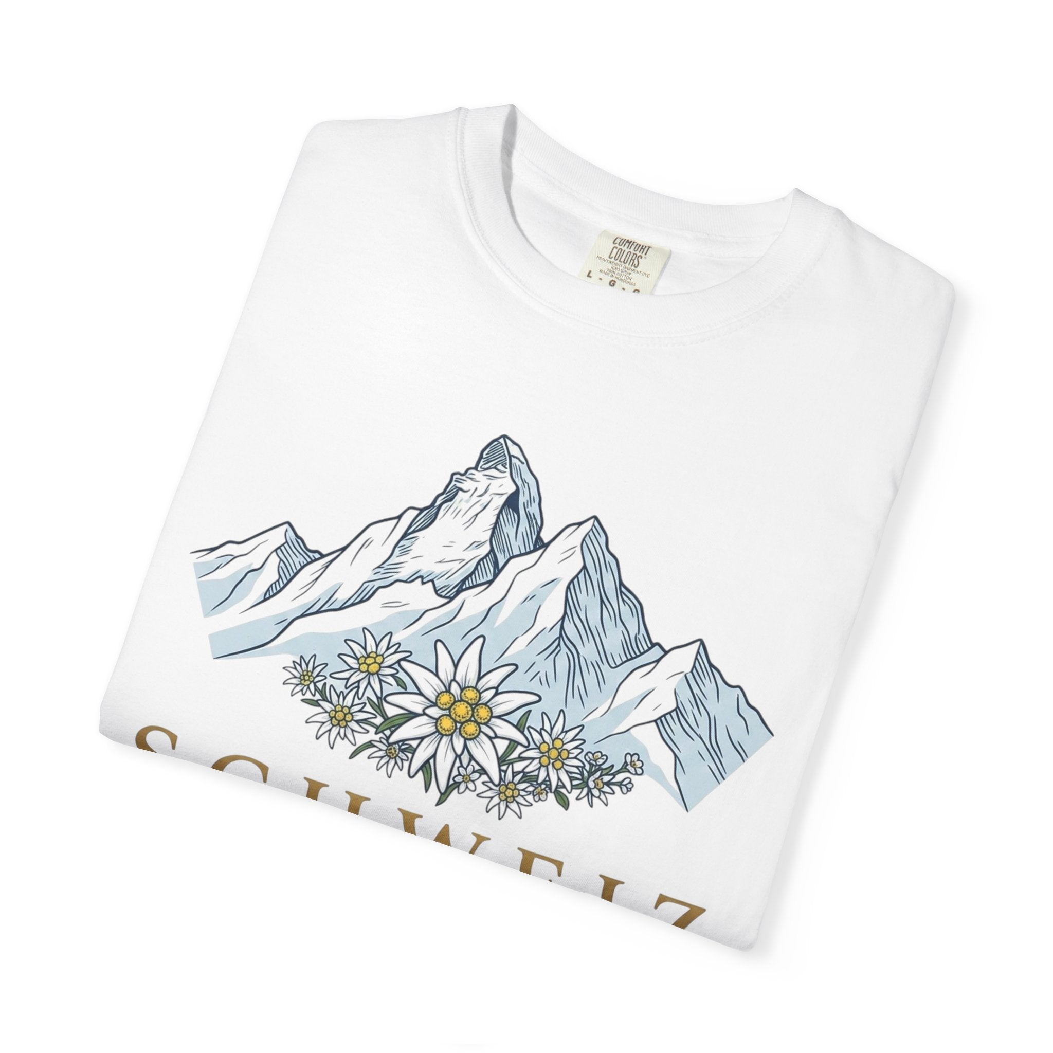 Schweiz Alpine Mountain T-Shirt — Swiss Flag & Edelweiss Graphic