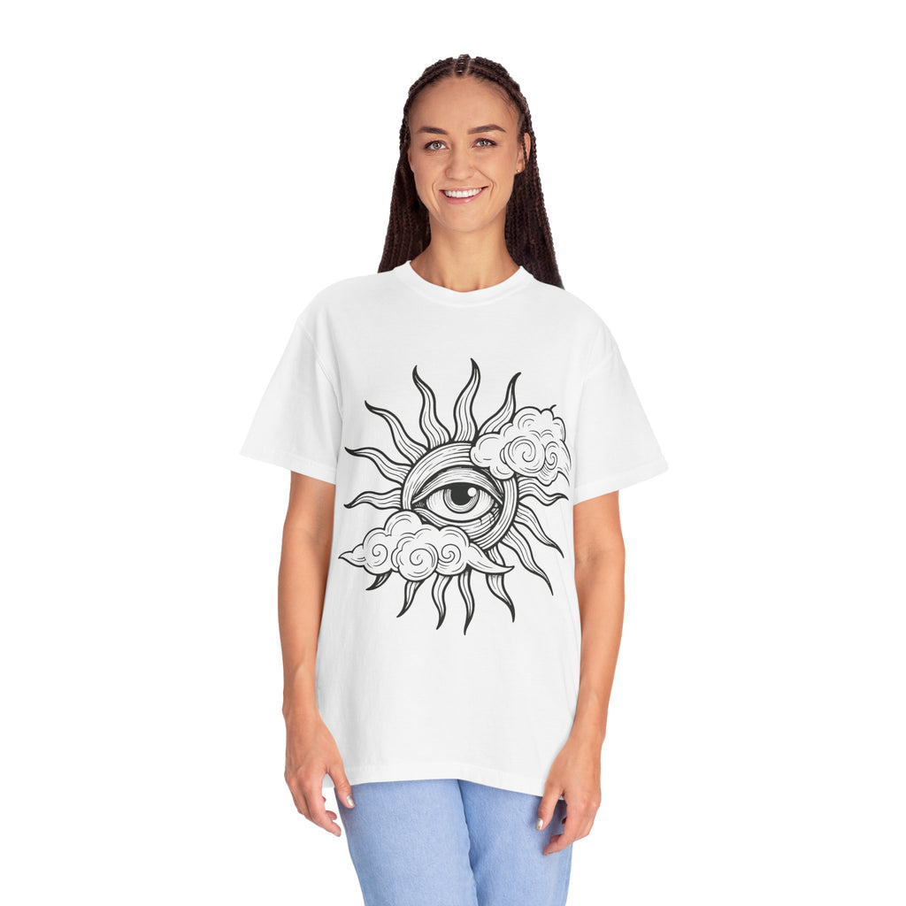 All-Seeing Sun Eye T-Shirt | Celestial Sun and Cloud Illustration