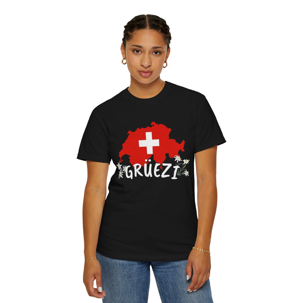Grüezi Switzerland Map T-Shirt — Swiss Flag & Edelweiss Tee