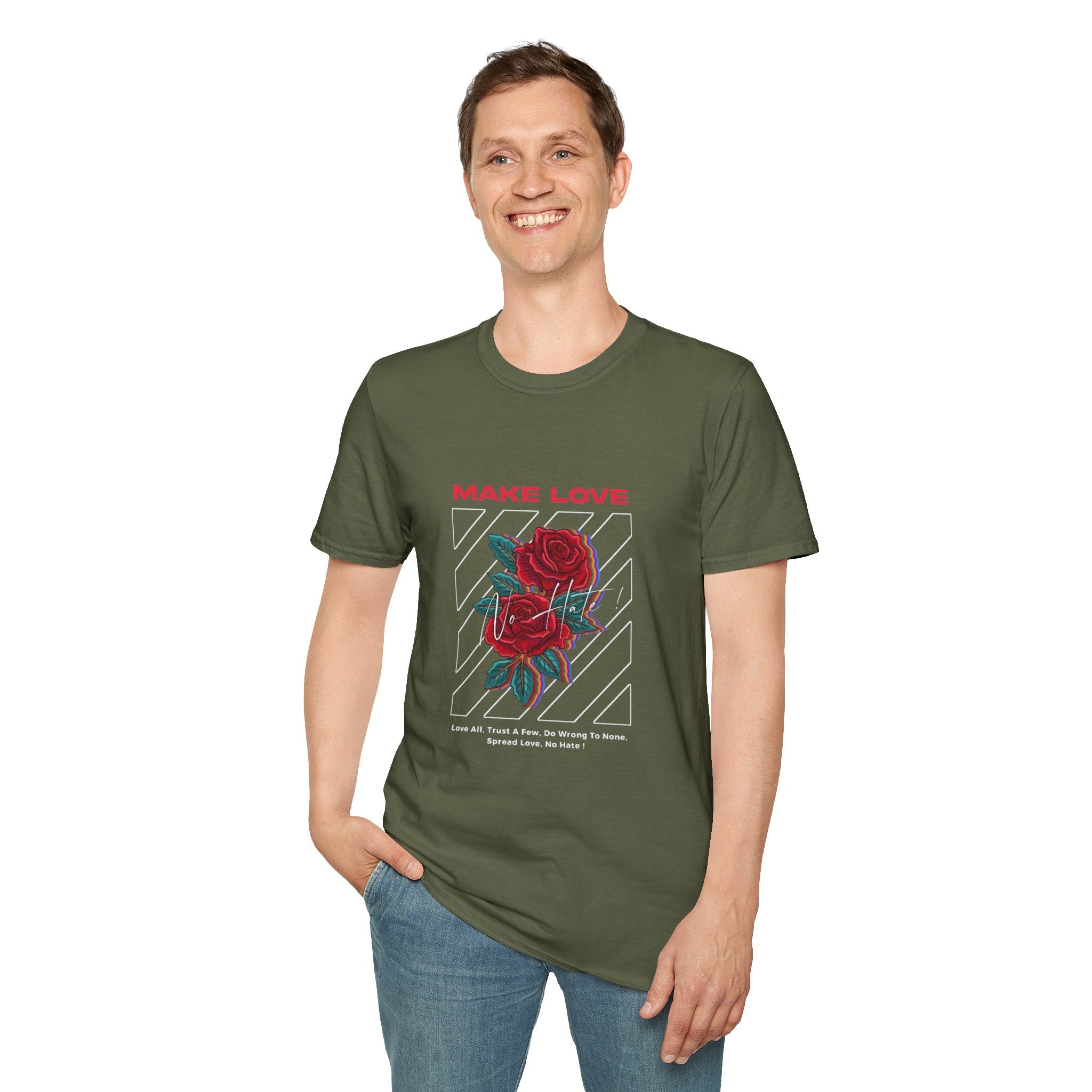 Make Love Rose graphic T-Shirt | Retro stripes, red rose design