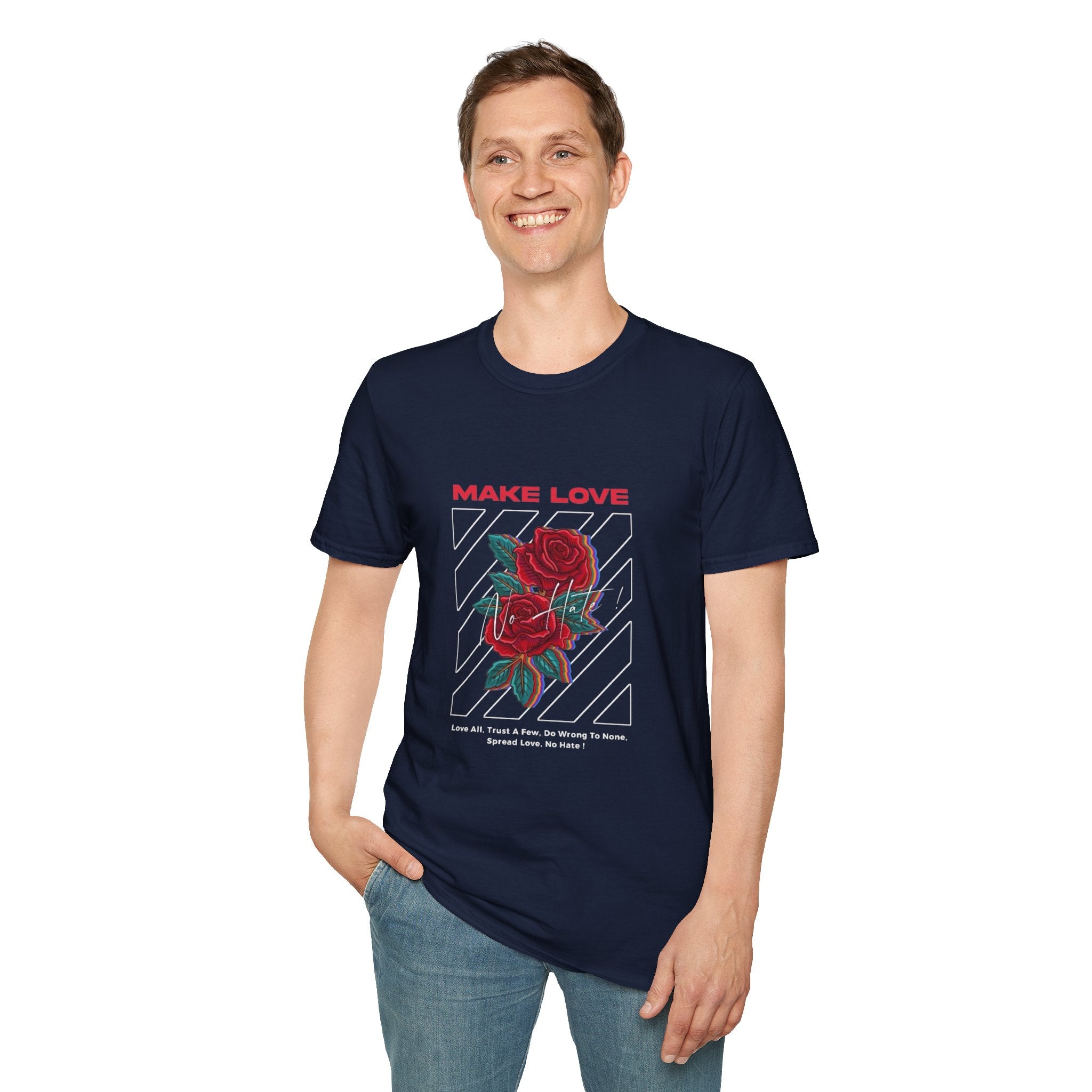 Make Love Rose graphic T-Shirt | Retro stripes, red rose design
