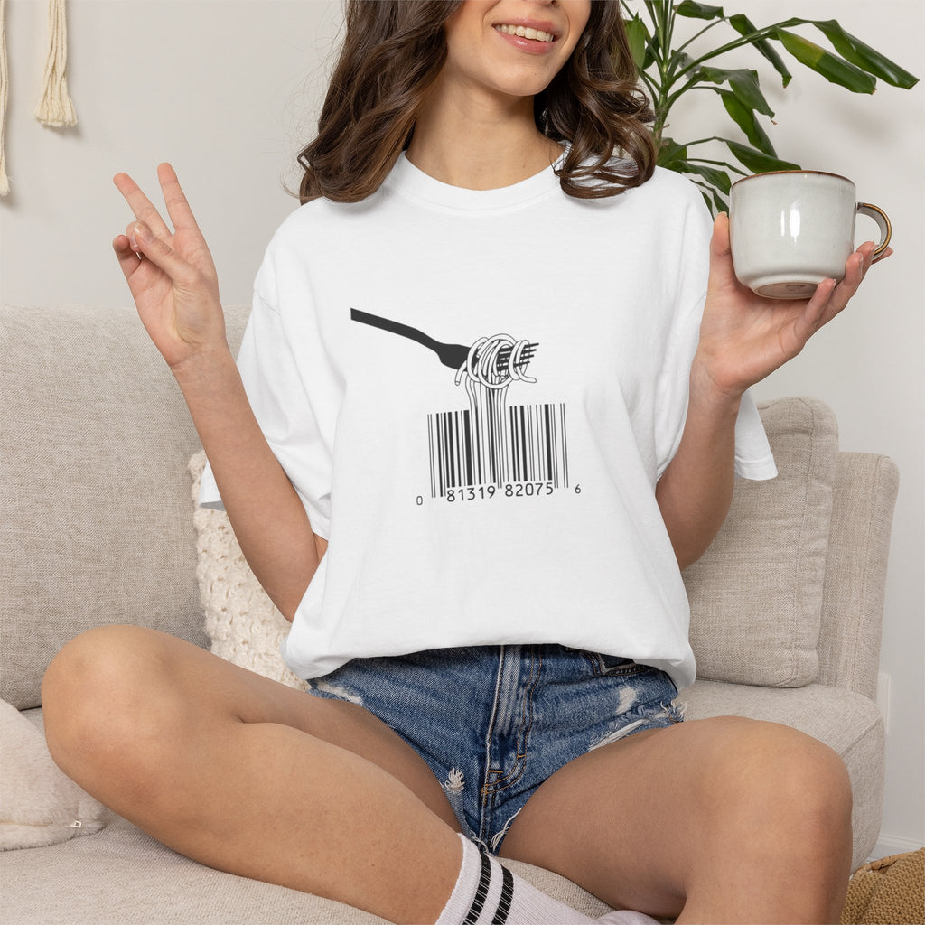 Barcode Spaghetti T‑Shirt — Fork Eating Barcode Graphic Tee