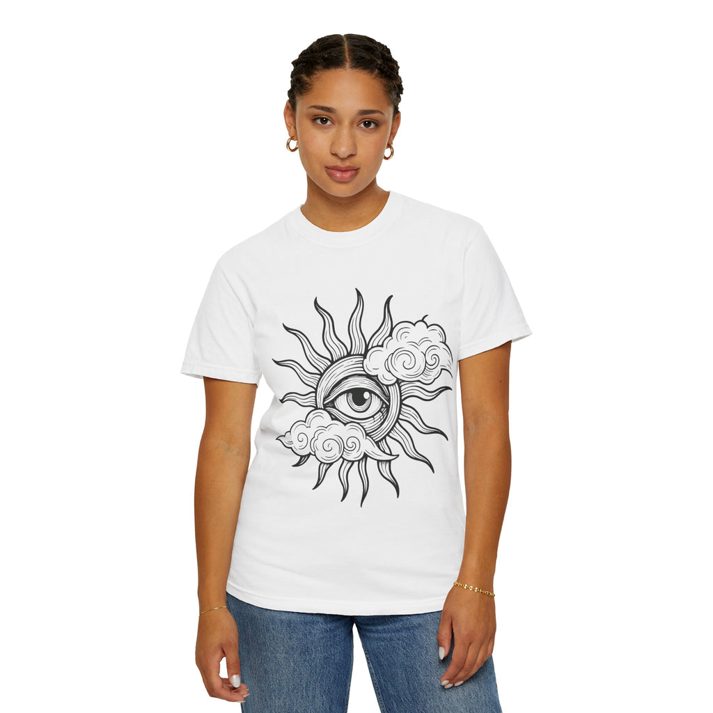 All-Seeing Sun Eye T-Shirt | Celestial Sun and Cloud Illustration