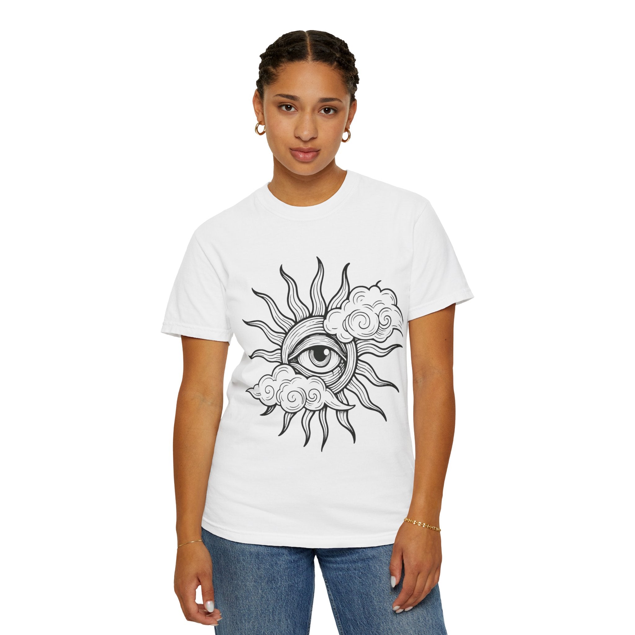 All-Seeing Sun Eye T-Shirt | Celestial Sun and Cloud Illustration