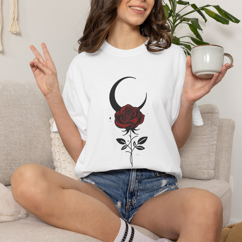 Moon & Rose T‑Shirt — Gothic Crescent Moon with Red Rose Graphic