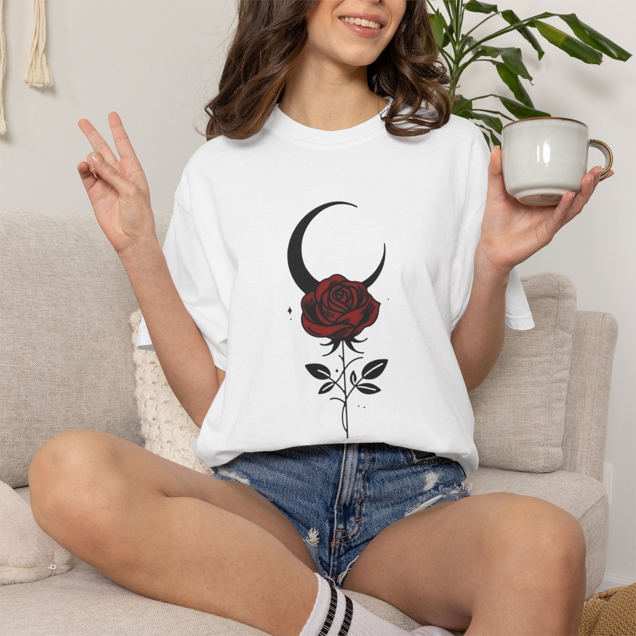 Moon & Rose T‑Shirt — Gothic Crescent Moon with Red Rose Graphic