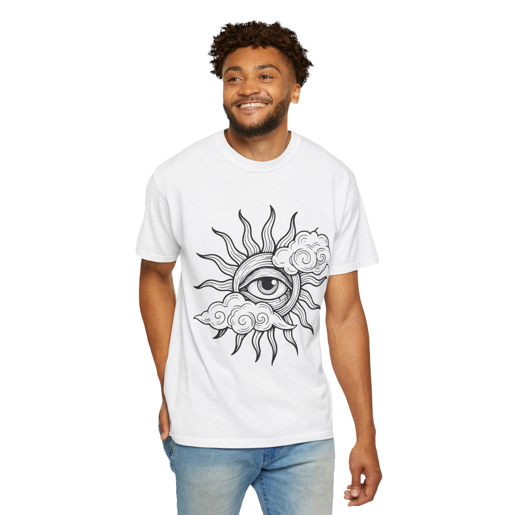 All-Seeing Sun Eye T-Shirt | Celestial Sun and Cloud Illustration