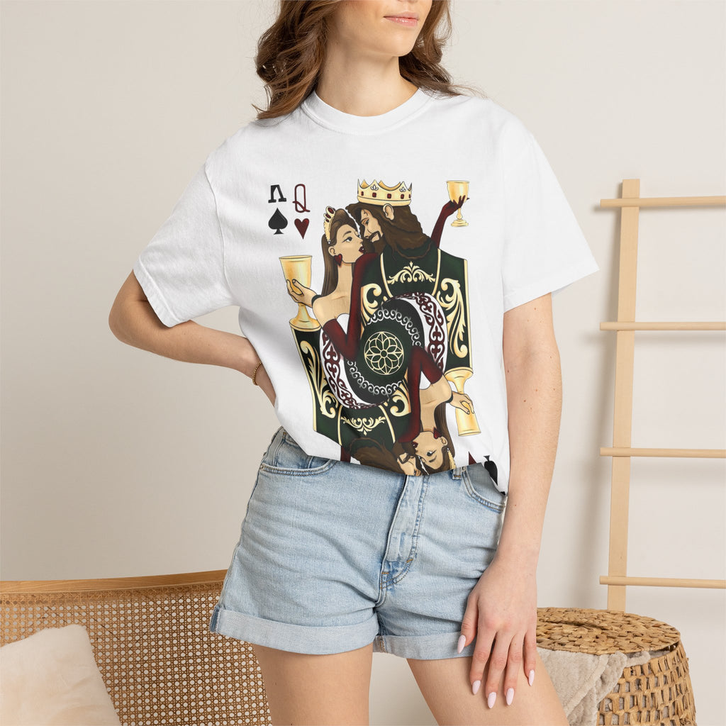 Queen of Cups Playing Card Graphic T-Shirt — Tarot-Inspired Drinking Art Tee