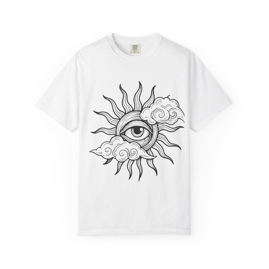 All-Seeing Sun Eye T-Shirt | Celestial Sun and Cloud Illustration