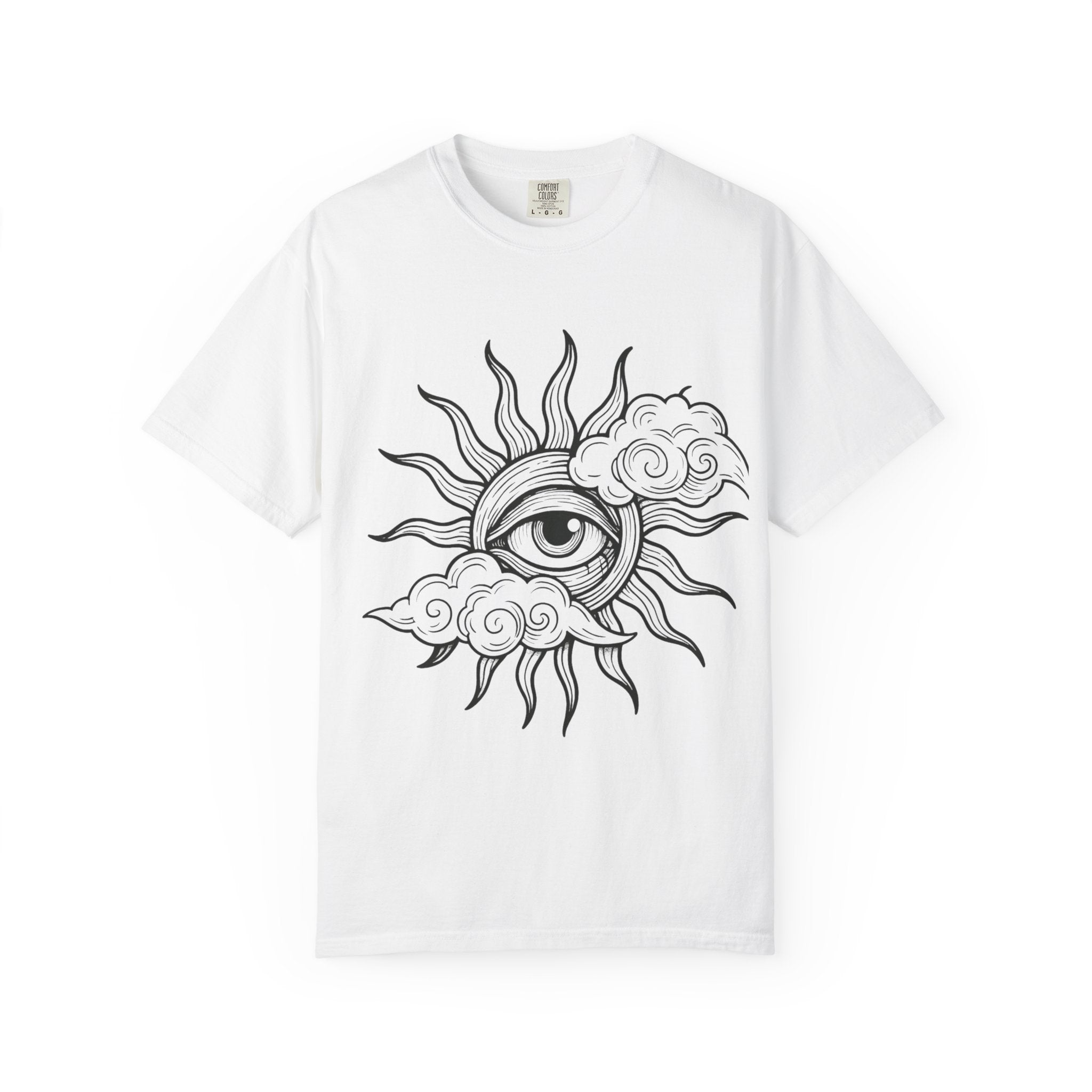 All-Seeing Sun Eye T-Shirt | Celestial Sun and Cloud Illustration