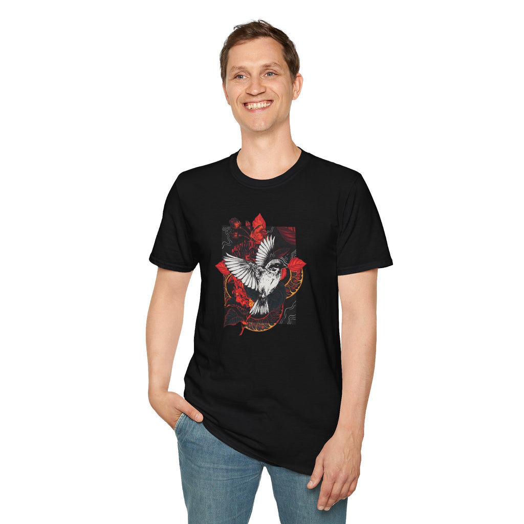 Dove & Roses Graphic T-Shirt — White Dove with Red Floral Crest