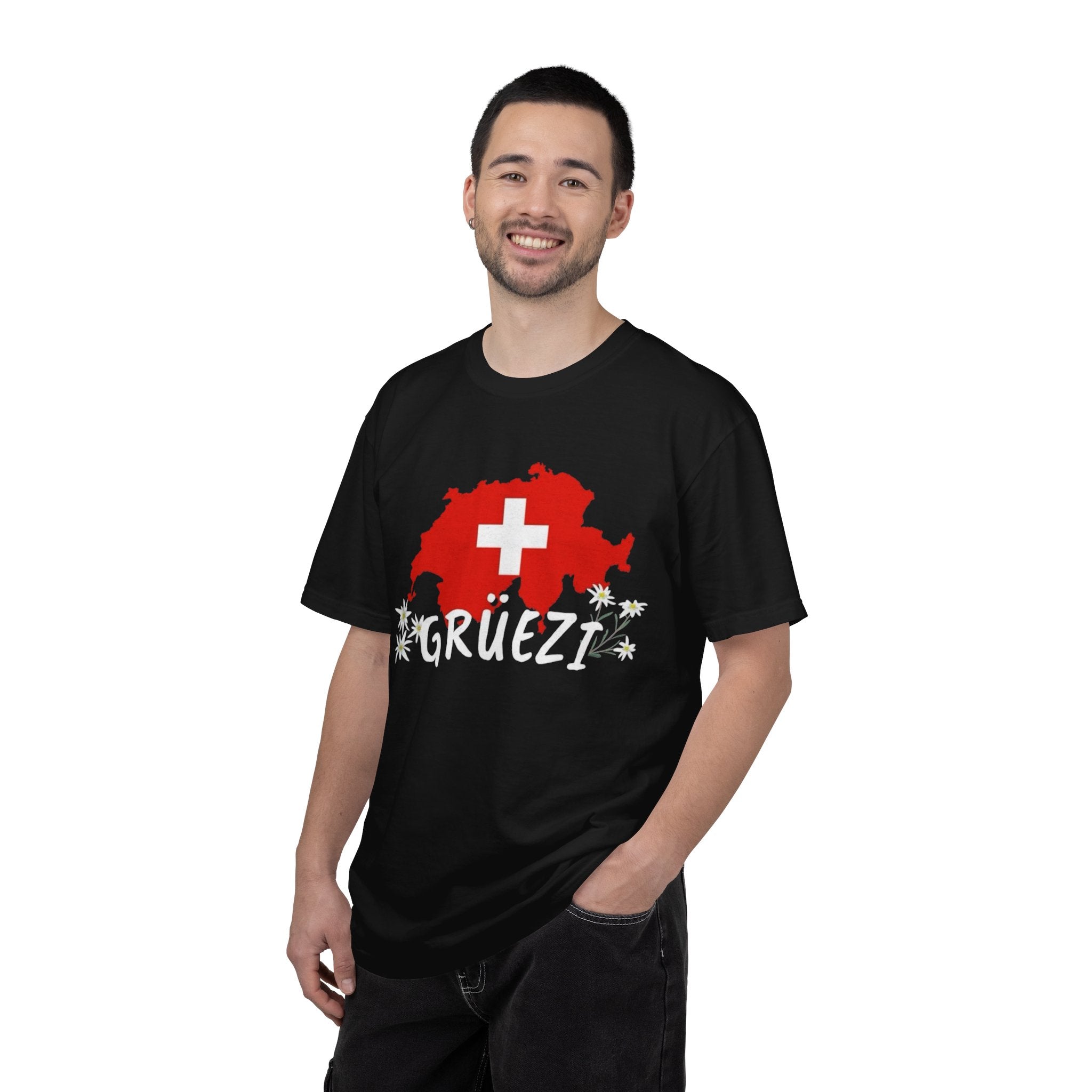 Grüezi Switzerland Map T-Shirt — Swiss Flag & Edelweiss Tee