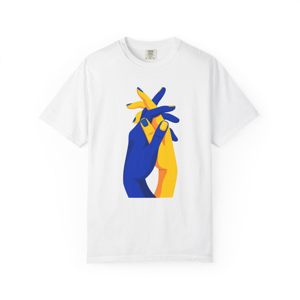 Blue and Yellow Intertwined Hands T-shirt | Minimalist Illustration