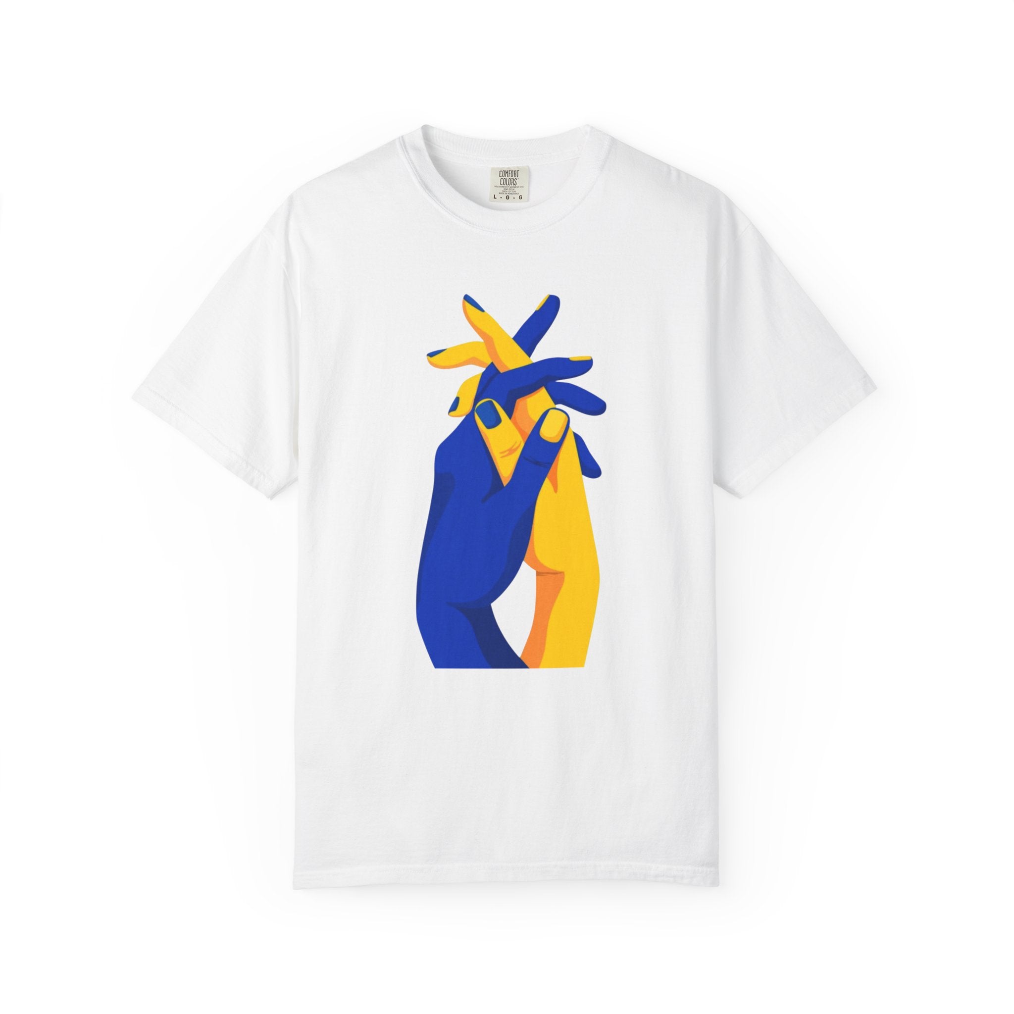 Blue and Yellow Intertwined Hands T-shirt | Minimalist Illustration