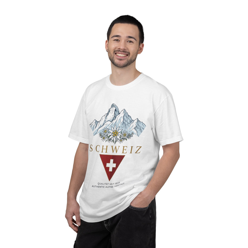 Schweiz Alpine Mountain T-Shirt — Swiss Flag & Edelweiss Graphic