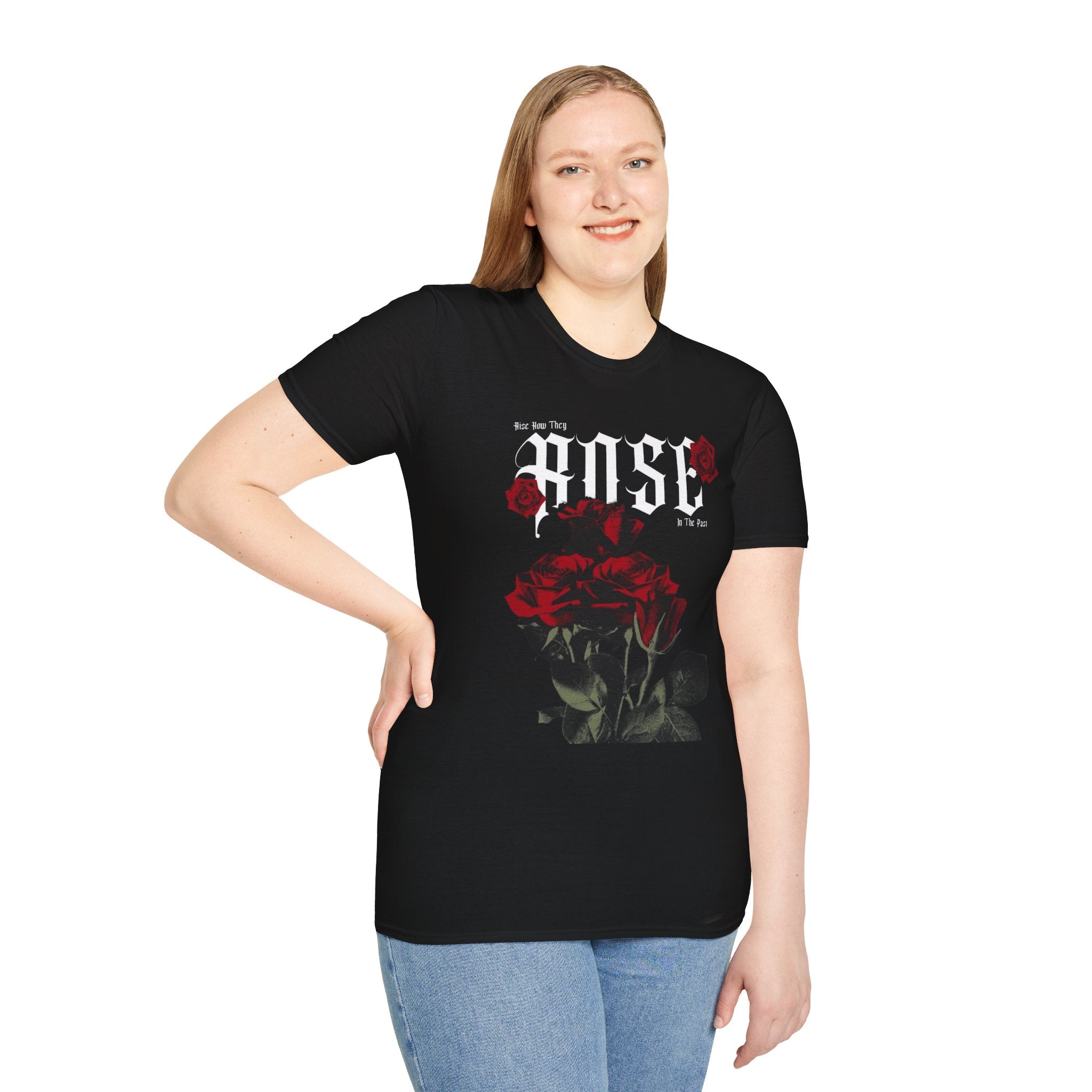 Rose Typography T-Shirt | Gothic Red Roses, Floral Script