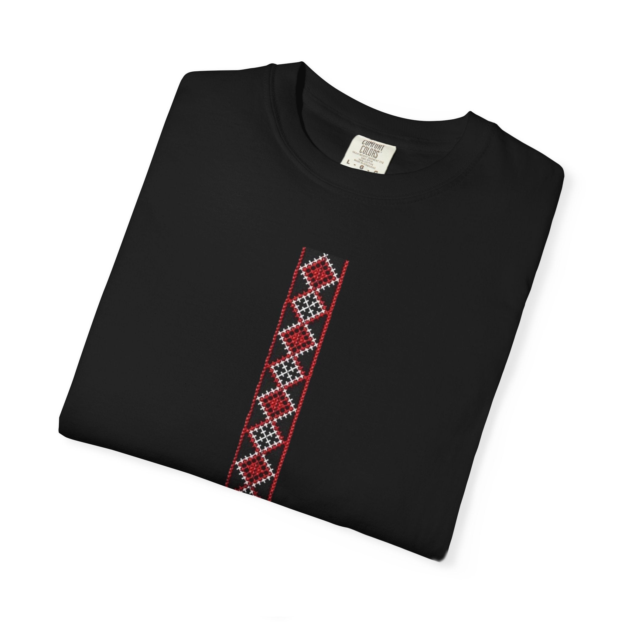 Embroidered Stripe Graphic T-Shirt — Vertical Ethnic Pattern