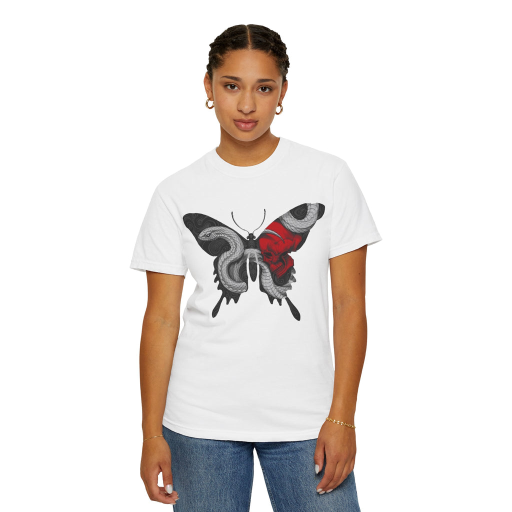 Mystic Moth Tee — Red Kabuki Mask Butterfly Graphic T-Shirt