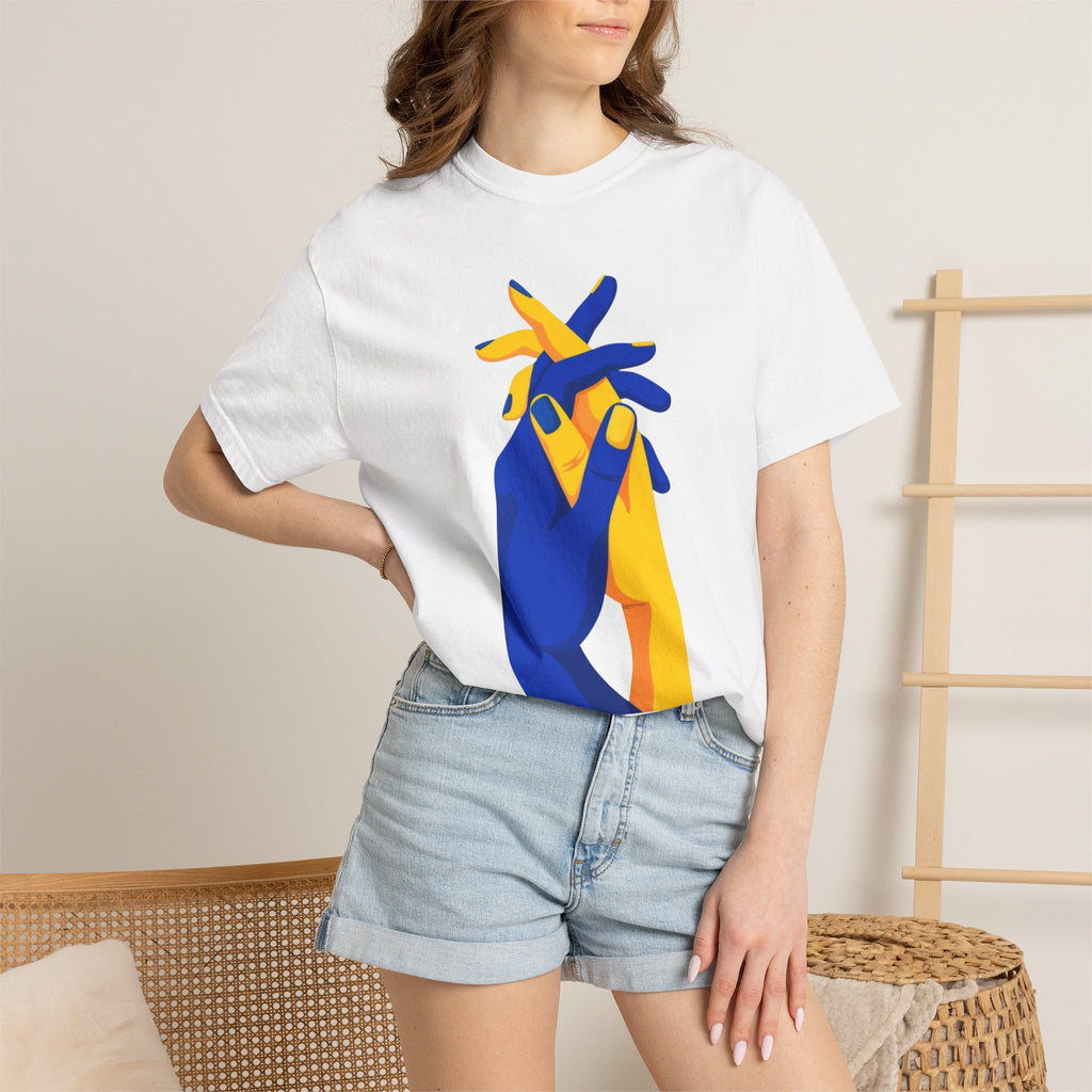 Blue and Yellow Intertwined Hands T-shirt | Minimalist Illustration