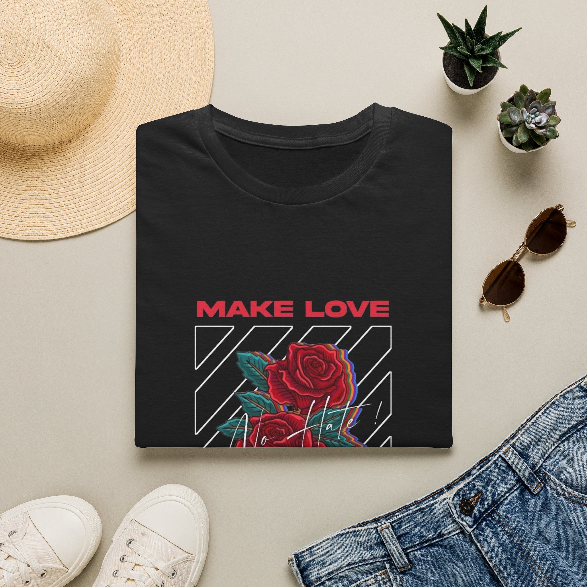 Make Love Rose graphic T-Shirt | Retro stripes, red rose design