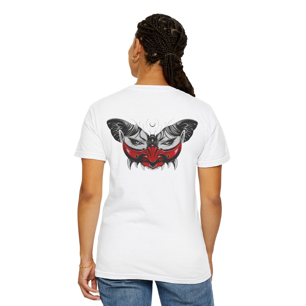 Mystic Moth Tee — Red Kabuki Mask Butterfly Graphic T-Shirt