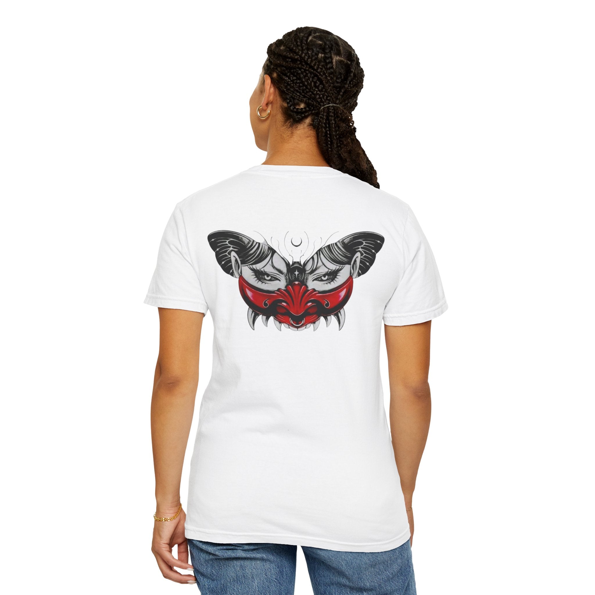 Mystic Moth Tee — Red Kabuki Mask Butterfly Graphic T-Shirt